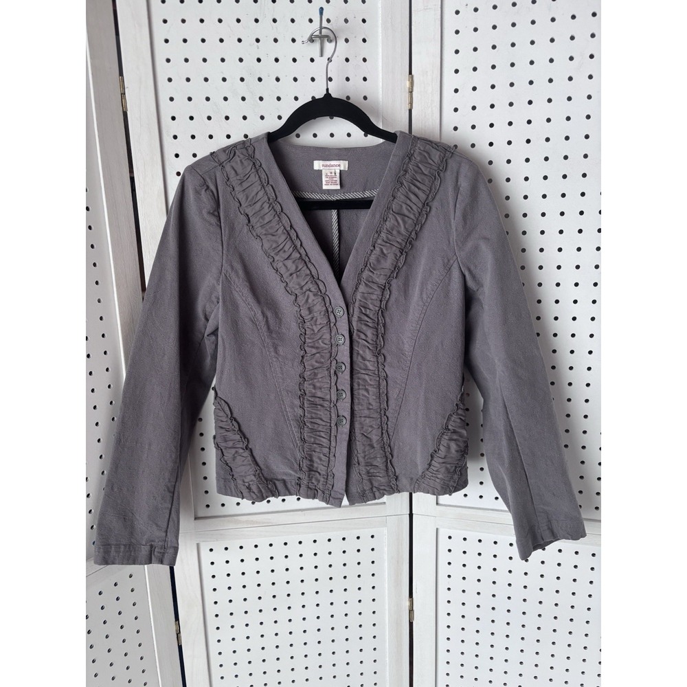 Sundance Linen Blend Ruffle‎ V Neck Button Blazer Jacket Gray Women's 6 / Small